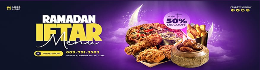تصميم بانر PSD للترويج للاطعمة و الافطار في رمضان تصميم بانر PSD للترويج للاطعمة و الافطار في رمضان. تصميم البنرات للاحتفال بطعام رمضان على منصات التواصل الاجتماعي يعتبر جزءا أساسيا من استراتيجية التسويق الرقمي